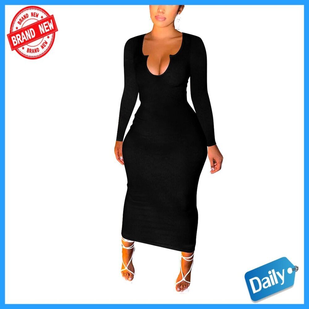 Two Piece Ribbed Bodycon Maxi Dress Long Sleeve Club Party Elegant